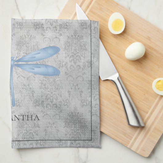 Blue Dragonfly Damask Theedoek (Quarter Fold)