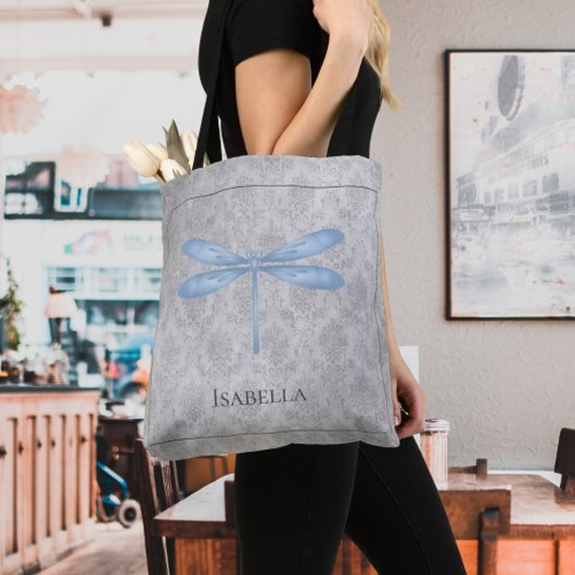 Blue Dragonfly Damask Tote Bag
