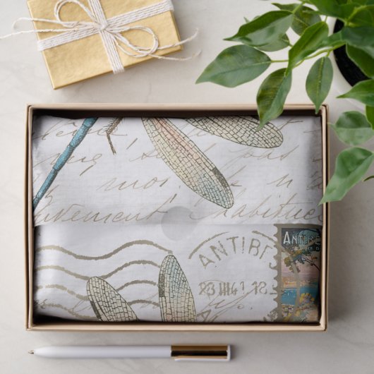 Blue Dragonfly Franse Script Postmark Decoupage Tissuepapier (Geschenk)