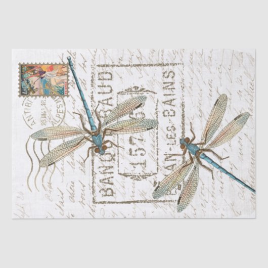 Blue Dragonfly Franse Script Postmark Decoupage Tissuepapier (Voorkant)