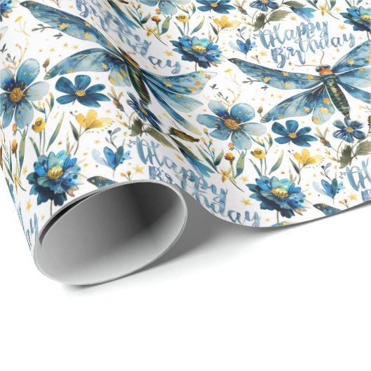 Blue Dragonfly Gift Wrap Gelukkige Verjaardag Cadeaupapier (Rol Hoek)