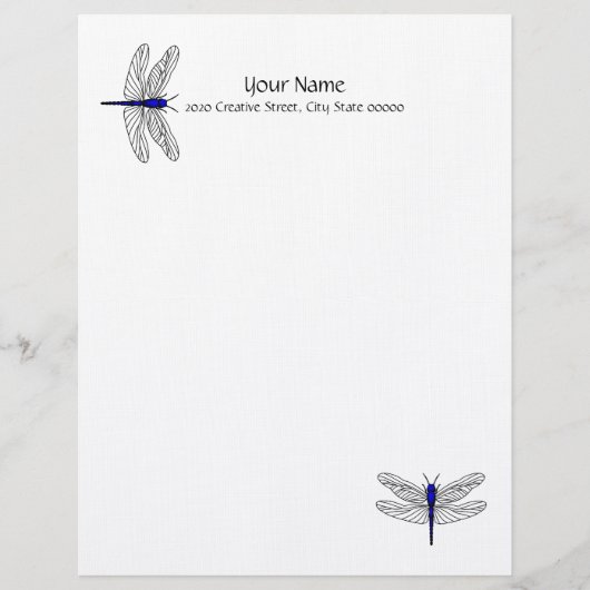 Blue Dragonfly Letterhead Linen Briefpapier Gepersonaliseerd Briefhoofd (Voorkant)