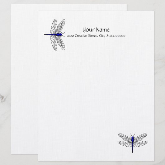 Blue Dragonfly Letterhead Linen Briefpapier Gepersonaliseerd Briefhoofd (Voorkant / Achterkant)