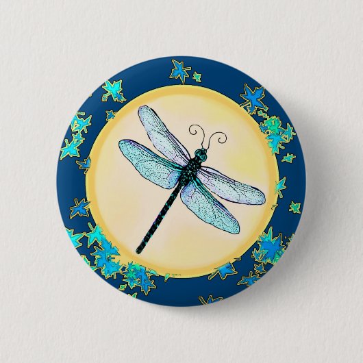 Blue Dragonfly met Leaves Button (Voorkant)