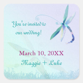 Blue Dragonfly Ombre Wedding Save the Date Vierkante Sticker