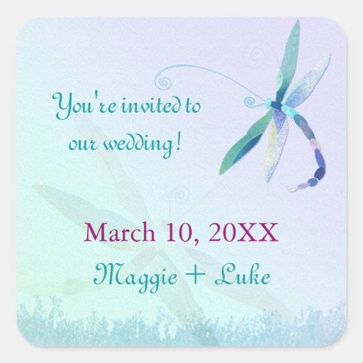 Blue Dragonfly Ombre Wedding Save the Date Vierkante Sticker (Voorkant)