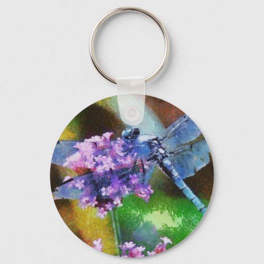 Blue Dragonfly op Wild Garlic Dot Art Sleutelhanger (Voorkant)