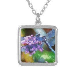 Blue Dragonfly op Wild Garlic Dot Art Zilver Vergulden Ketting