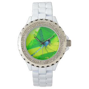 Blue Dragonfly over Green Abstract Impressionisme Horloge