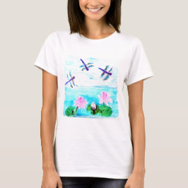 Blue Dragonfly, roze waterlilly Flowers T-shirt