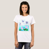 Blue Dragonfly, roze waterlilly Flowers T-shirt (Voorkant volledig)