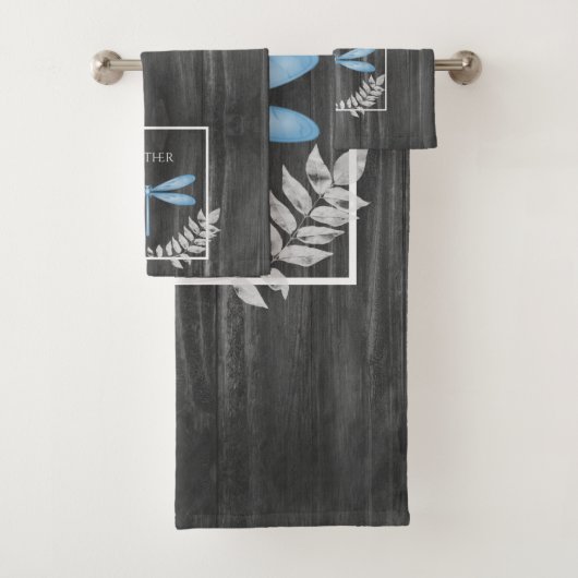 Blue Dragonfly Rustic Personalized Bath Towel Set Bad Handdoek (Insitu)