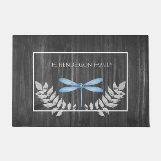 Blue Dragonfly Rustic Personalized Doormat Deurmat (Voorkant)