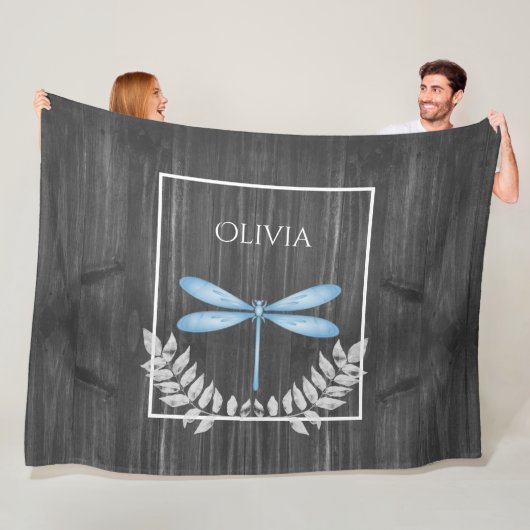 Blue Dragonfly Rustic Personalized Fleece Blanket (In situ)