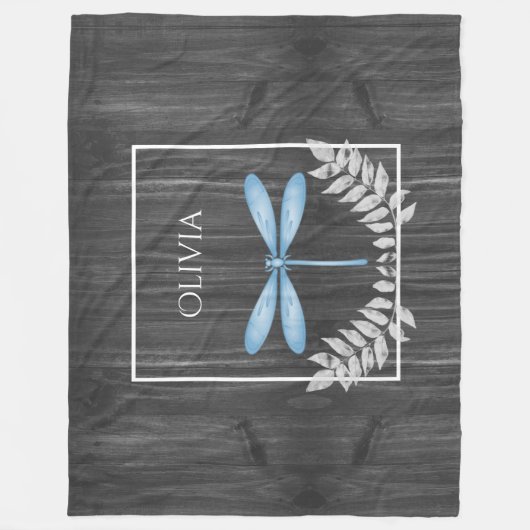 Blue Dragonfly Rustic Personalized Fleece Blanket (Voorkant)
