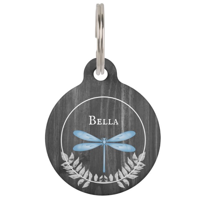 Blue Dragonfly Rustic Round Pet Tag Huisdierpenning (Voorkant)