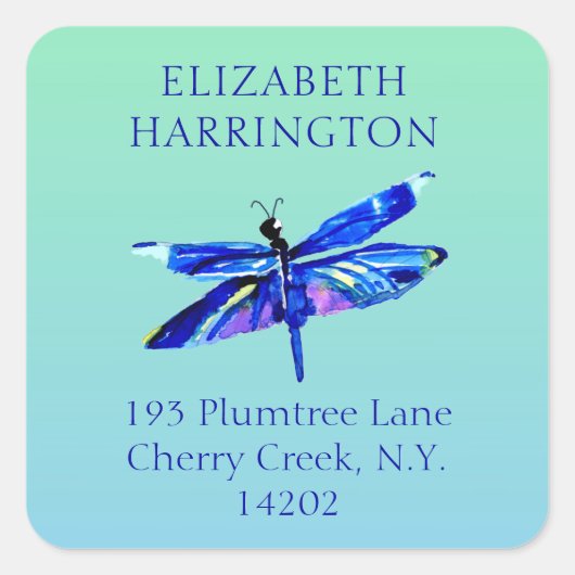 Blue Dragonfly Waterverf Natuur Retouradres Vierkante Sticker (Voorkant)