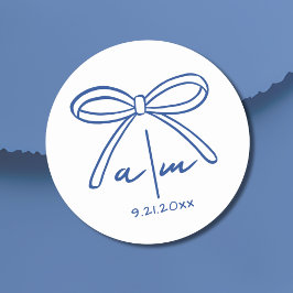 Blue Drawn Bow Whimsical Wedding Monogram Ronde Sticker