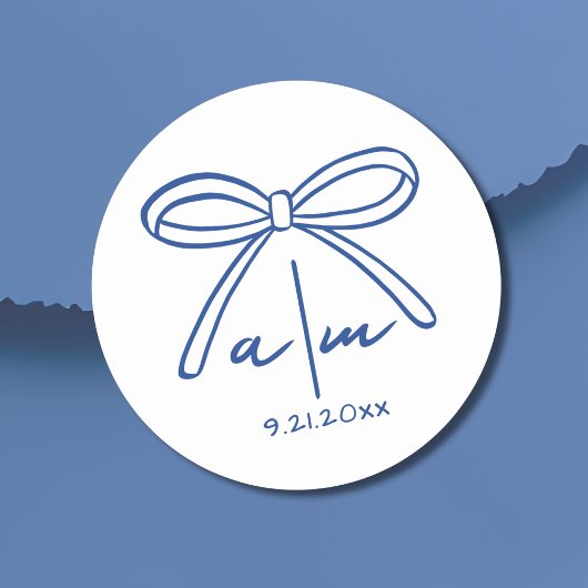 Blue Drawn Bow Whimsical Wedding Monogram Ronde Sticker