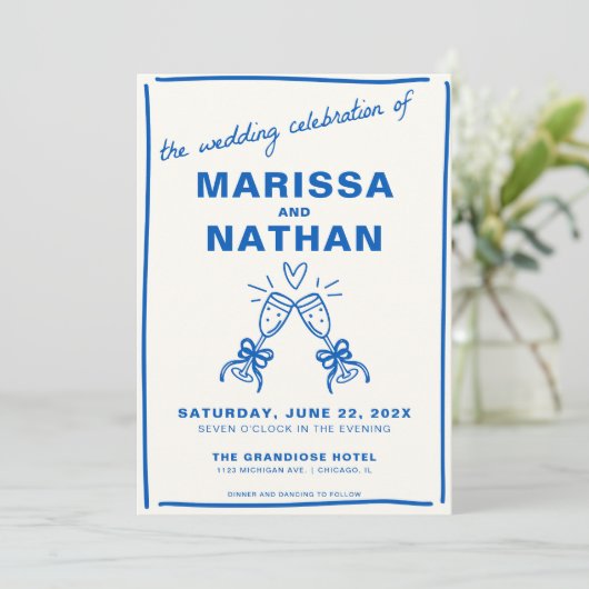 Blue Drawn Together Champagne Uitnodiging (Staand voorkant)