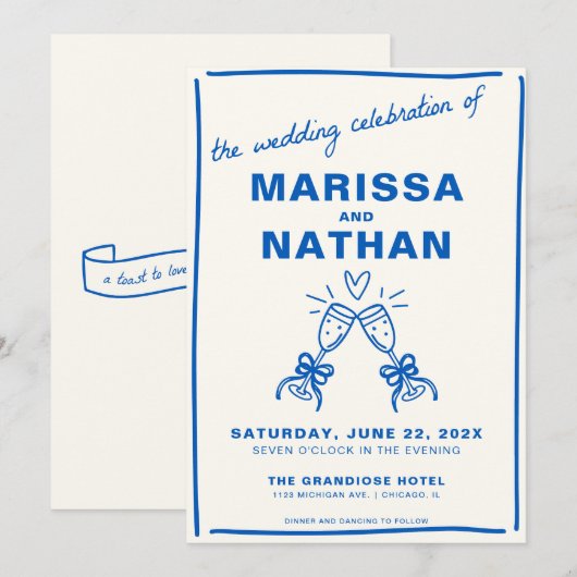 Blue Drawn Together Champagne Uitnodiging (Voorkant / Achterkant)