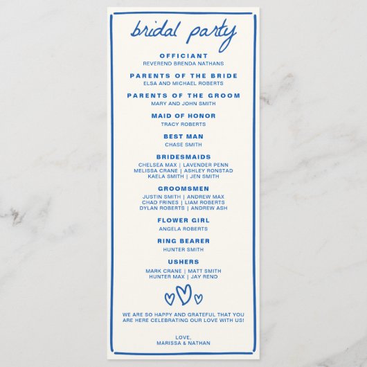 Blue Drawn Together huwelijksprogramma Programmakaart (Achterkant)