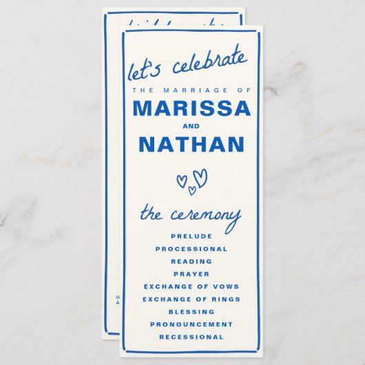 Blue Drawn Together huwelijksprogramma Programmakaart (Voorkant / Achterkant)