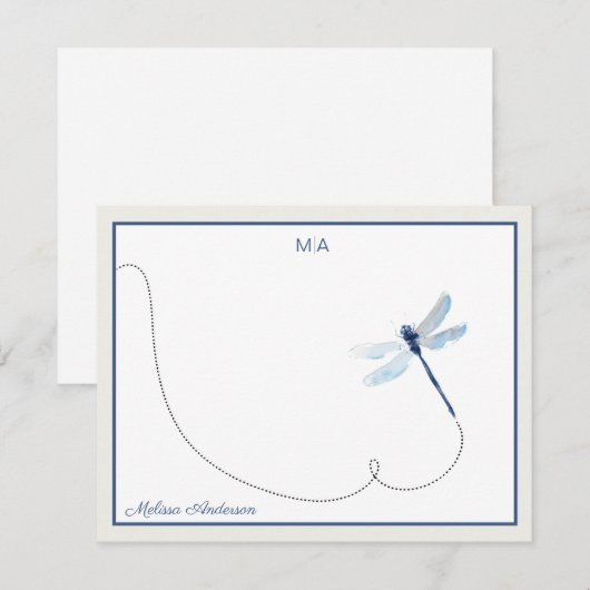 Blue Dreagonfly in Flight Monogram Name Notitiekaartje (Voorkant / Achterkant)
