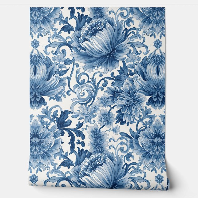 Blue Dreams | Floral Watercolor Chinoiserie Behang (Afrollen)