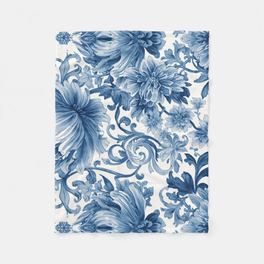 Blue Dreams | Floral Watercolor Chinoiserie White Fleece Deken (Voorkant)