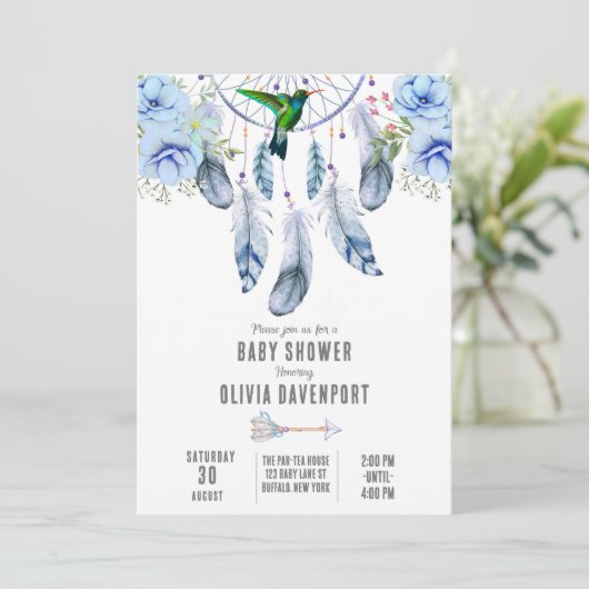 Blue Dreamweaver Hummingbird Boy Baby shower Kaart (Staand voorkant)