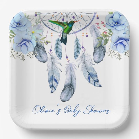 Blue Dreamweaver Hummingbird Boy Baby shower Papieren Bordje (Voorkant)