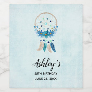 Blue Dreamweaver Stylish Boho Design Birthday Wijn Etiket