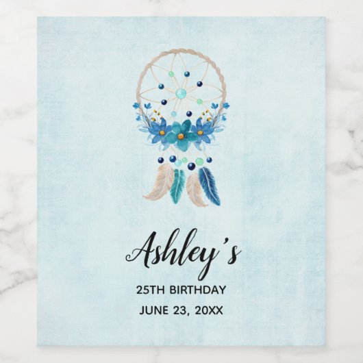 Blue Dreamweaver Stylish Boho Design Birthday Wijn Etiket (Enkel label)