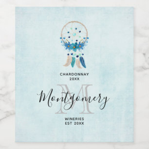 Blue Dreamweaver Stylish Boho Design Wine Making Wijn Etiket