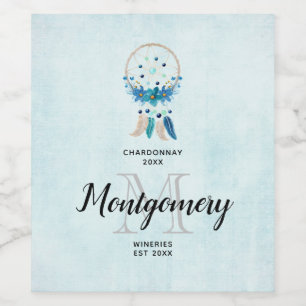 Blue Dreamweaver Stylish Boho Design Wine Making Wijn Etiket