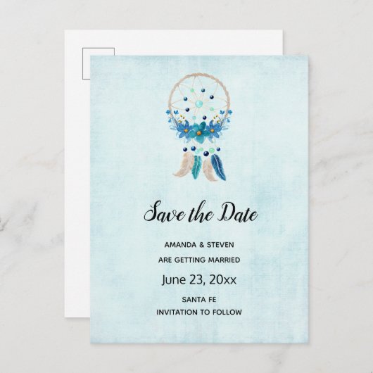 Blue Dreamweaver Stylish Boho Save the Date Uitnodiging Briefkaart (Voorkant / Achterkant)