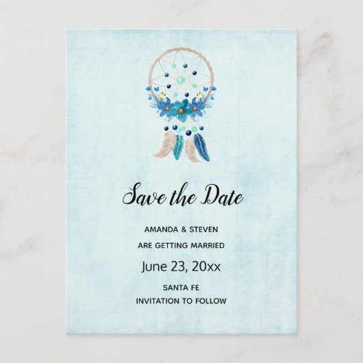 Blue Dreamweaver Stylish Boho Save the Date Uitnodiging Briefkaart (Voorkant)