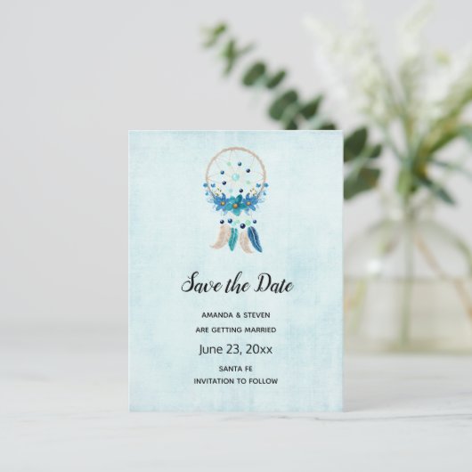 Blue Dreamweaver Stylish Boho Save the Date Uitnodiging Briefkaart (Staand voorkant)