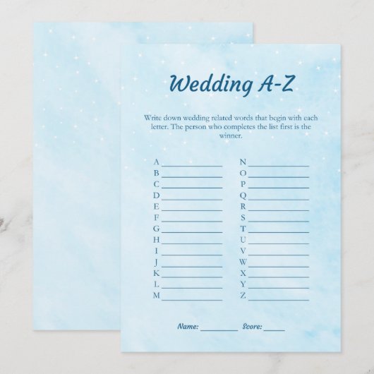 Blue Dreamy Bruiloft A-Z Vrijgezellenfeest Spel Ka Kaart (Voorkant / Achterkant)