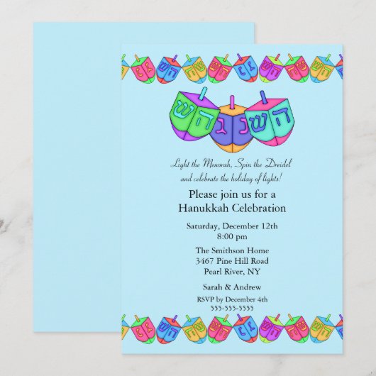 Blue Dreidel Hanukkah Celebration Invitation Kaart (Voorkant / Achterkant)