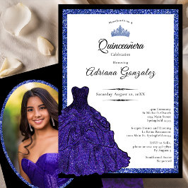 Blue Dress and Tiara Custom Photo Quinceanera Kaart