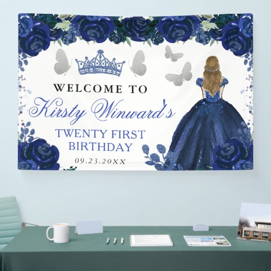Blue Dress Blonde Haired Princess Floral Birthday Spandoek (Beurs)