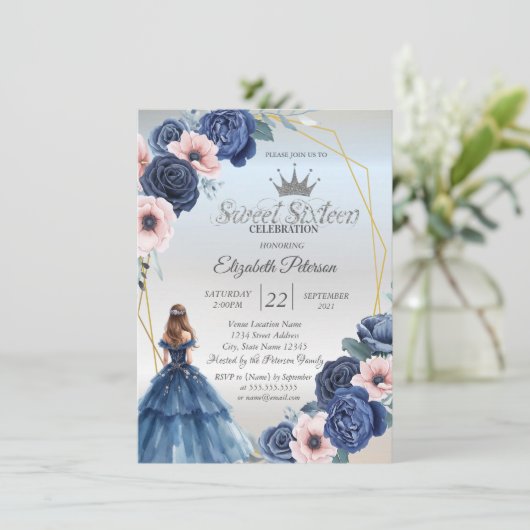 Blue Dress, Blue Flowers Lijst Sweet 16 Kaart (Staand voorkant)