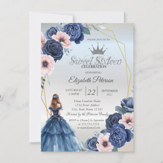 Blue Dress, Blue Flowers Lijst Sweet 16 Kaart (Voorkant)