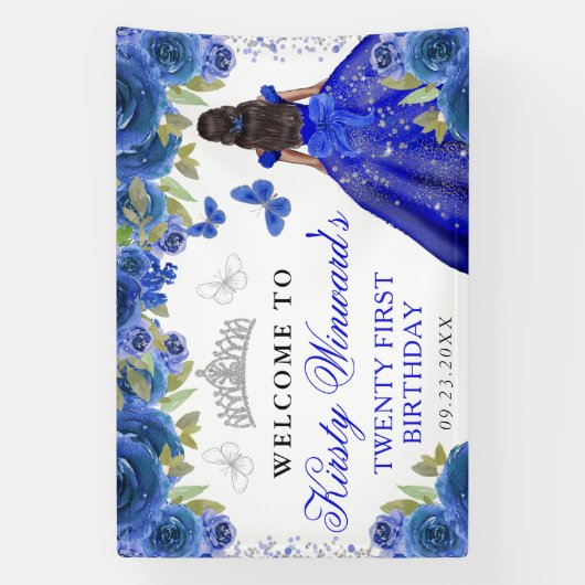 Blue Dress Dark Skin Princess Floral Birthday Spandoek (Verticaal)