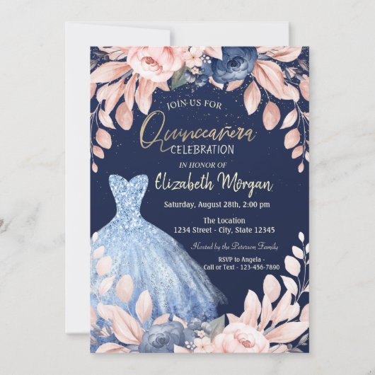 Blue Dress Floral Quinceañera Kaart (Voorkant)