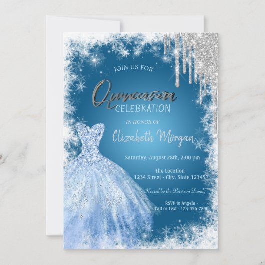 Blue Dress Glitter Drift Quinceañera Kaart
