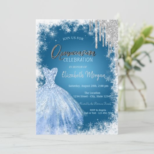 Blue Dress Glitter Drift Quinceañera Kaart (Staand voorkant)