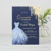 Blue Dress Gold Glitter Drip Quinceañera Kaart (Staand voorkant)